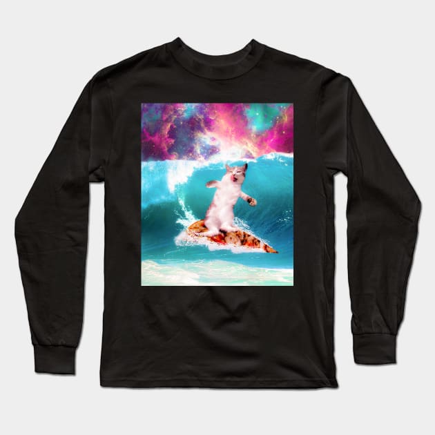 Kitty Cat Surfing Pizza In Space Long Sleeve T-Shirt by Random Galaxy